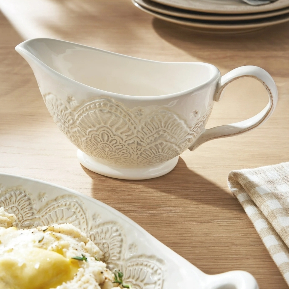 ❤️ 2025 The Pioneer Woman Vintage Lace Cream Embossed Gravy Boat